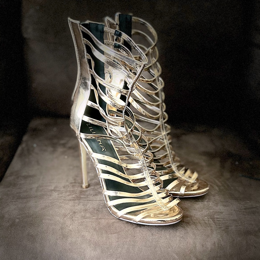 LILIANA GOLD CAGE HEELS - UNUSED NWOT